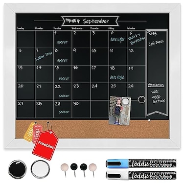 Loddie Doddie Framed Chalkboard Calendar 18 x 24 in White Frame Magnetic Surface Magnet Display Chalkboard for Wall Office Organization Menu Sign for Kitchen Planning