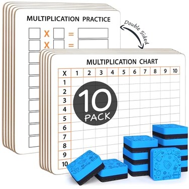 Scribbledo SCRIBBLEDO 10 Pack Dry Erase Multiplication Chart White Board 9 x 12 Multiplication Table l Double Sided Times Table Math Manipulatives Whiteboard for Kids Students Classroom 10 Erasers Inc