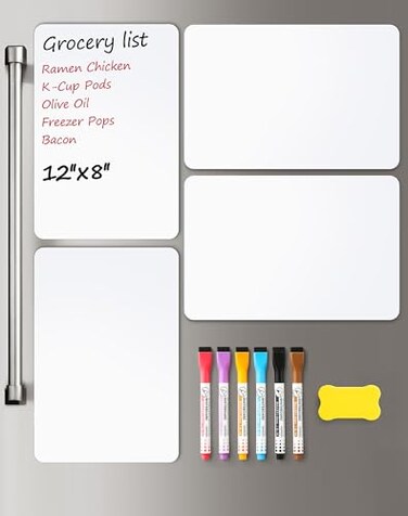 VITEVER 4 PACK Magnetic Dry Erase Board Sheet for Fridge 12x8 Erasable Refrigerator WhiteBoard w 6 Markers 1 Eraser Smooth and Flexible Small Magnet Blank Notepad for Home Kitchen Organizer and Planne