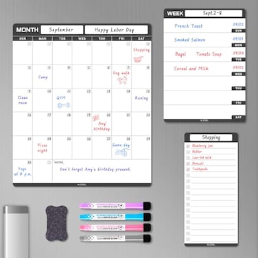 ALEZEL Magnetic Dry Erase Calendar for Refrigerator Vertical Calendar Whiteboard for Fridge Includes Magnetic Monthly Calendar Weekly Dry Erase Board List Board 4 Markers Eraser