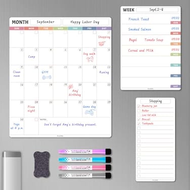 ALEZEL Magnetic Fridge Calendar Whiteboard Dry Erase Calendar Set for Refrigerator Vertical Monthly Weekly Fridge Calendar with 1 List White Board 4 Markers Eraser