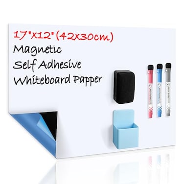 CUHIOY Dry Erase Self Adhesive Magnetic Whiteboard Sticker on Any Smooth Surface Stain Resistant 17x12 Fridge Whtieboard Magnet Sheet Used as Weekly Meal Planner Reminder Notice 3 Marker Pens