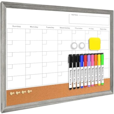 ABERLLS Monthly Whiteboard Calendar Corkboard for Wall Magnetic 17x13 Dry Erase Board with Gray Wood Framed 2in1 White Board Cork Board Combo Calendar Bulletin Board for Kitchen Planner Memo Office