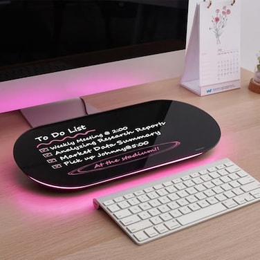 TSJ OFFICE Glass Desktop Whiteboard 17 X 7 Inches Small Dry Erase Board with Pink Light Black Glass White Board Surface Notepad with 1 Drawer Desk Organizers for Office Home School Supplies
