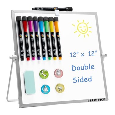 TSJ OFFICE Small White Board 12 X 12 Inches Small Magnetic Dry Erase Board with Hooks for Wall Desktop Whiteboard Stand 360 Degrees Revolving Double Sided for Office Home School Silver