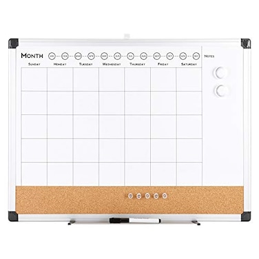 VUSIGN Monthly Calendar Whiteboard Dry Erase Cork Board Combo 24 x 36 Planning Board Silver Aluminium Frame