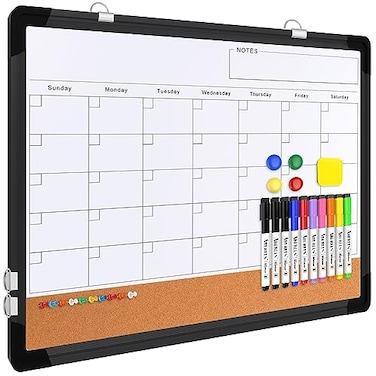 ABERLLS Monthly Calendar Whiteboard for Wall 24x18 Inches Dry Erase Board with Cork Board Combo Magnetic White Board DoubleSided Hanging Portable Board for Office School Home Kitchen Planner Black