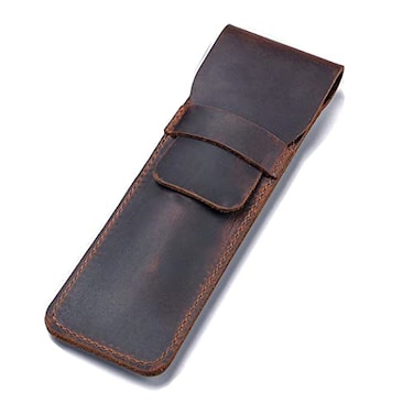 Borsgye Pens Pouch Leather Pen Protective Sleeve Cover Crazy Horse Leather Handmade Fountain Multi Pen Case Holder Dark Brown Small