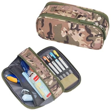 ECHSRT Tactical Pencil Case for Boy Extra Large Capacity Camo Pencil Pouch for Men Adults 3 Compartment Zipper Pen Case Small Tool Bag Organizer for School Office Travel Camo Green