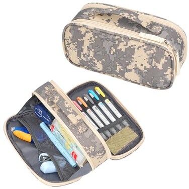 ECHSRT Tactical Pencil Case for Boy Extra Large Capacity Camo Pencil Pouch for Men Adults 3 Compartment Zipper Pen Case Small Tool Bag Organizer for School Office Travel Camo Grey