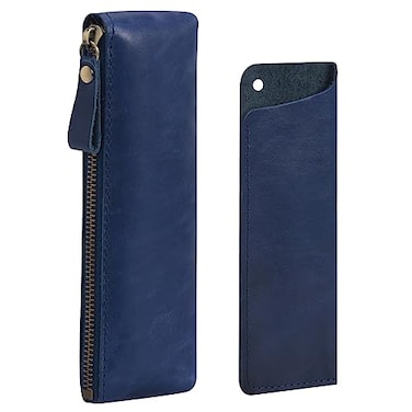 WONDERPOOL Leather 1pc Pencil Case 1pc Fountain Pen Holder Portable Compact Drawing Marker Pen Stationery Pouches for Office Travel Organizer Blue