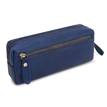 WONDERPOOL Wonderpool Pen Case Real Leather Pencil Pouch Markers Holder Big Capacity Bag with Side Zippered Pocket Sleeve for Stationery Makeup Utensils Organizer Blue