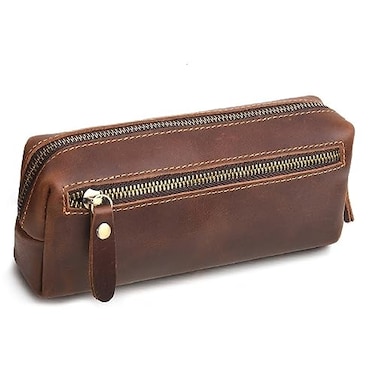 WONDERPOOL Pen Case Real Leather Pencil Pouch Markers Holder Big Capacity Bag with Side Zippered Pocket Sleeve for Stationery Makeup Utensils Organizer Coffee