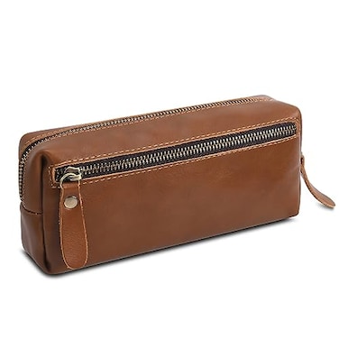 WONDERPOOL Pen Case Real Leather Pencil Pouch Markers Holder Big Capacity Bag with Side Zippered Pocket Sleeve for Stationery Makeup Utensils Organizer Light brown