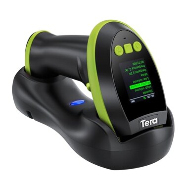 Tera Barcode Scanner Wireless with Screen Pro Version 1D 2D QR with Setting Keypad Charging Cradle Works with Bluetooth 24G Wireless USB Wired Handheld Bar Code Reader HW0009 Green