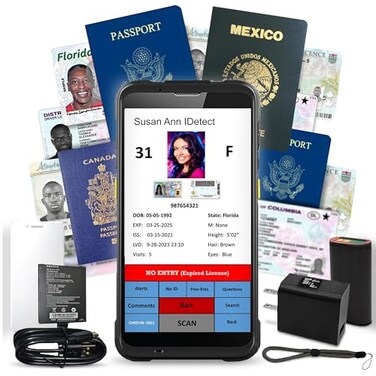IDetect ID Scanner Drivers License and Passport Scanner and Reader Age Verification and Customer Management Quantum Edge V3 Includes Handheld Scanner Outer Carry Case Accessories