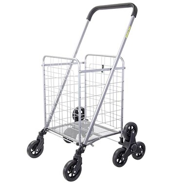 dbest products dbest Products Stair Climber Cruiser Cart Shopping Grocery Rolling Folding Laundry Basket on Wheels Foldable Utility Trolley Compact Lightweight Collapsible Silver