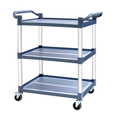 MAYNIYJK 3Tier Utility Cart With Wheels Heavy Duty Rolling Restaurant Cart 420lbs Plastic Bus Cart With Lockable Wheels and Rubber Hammer for WarehouseOfficeKitchen Grey