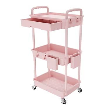 REBECAT 3 Tier Rolling Utility Cart with DrawerStorage CartRolling Cart for KitchenBathroomLiving RoomStorage Organizer with Iron WheelsPink