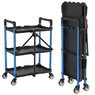 WORKPRO 3Tier Collapsible Service Cart BlackBlue 210 LBS Foldable Utility Cart with Wheels Portable Rolling Tool Cart for Garage Warehouse Home Restaurant and Office No Assembly Required