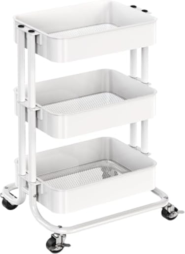 Pipishell 3 Tier Metal Rolling Utility Cart HeavyDuty Storage Rolling Cart with 2 Lockable Wheels Multifunctional Mesh Organization Utility Cart for Kitchen Dining Room Living Room White