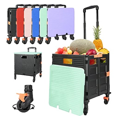 SELORSS Foldable Utility Cart Portable Rolling Crate Handcart Shopping Trolley Collapsible Tool Box with Rotate Noiseless Wheels Telescoping Handle Lid for Travel Move Storage Office School Green