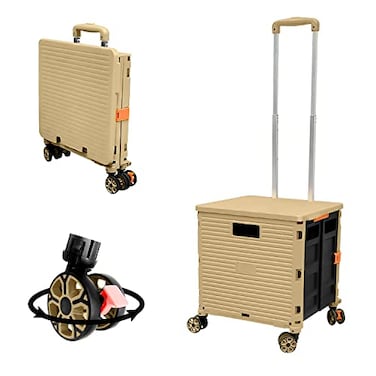 FELICON SELORSS Foldable Utility Cart Folding Portable Rolling Crate Handcart with Durable Heavy Duty Plastic Telescoping Handle Collapsible 4 Rotate Wheels for Travel Shop Move Luggage OfficeKhaki