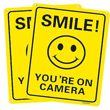 YGONTAK 2Pcs Smile Youre On Camera Sign Reflective Video Surveillance Signs 10x7 Inch Aluminum UV Protected Sign for CCTV Security Camera