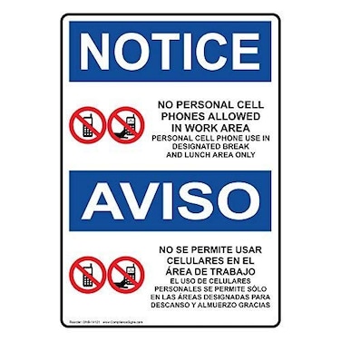 ComplianceSigns com Cell Phone Designated Area Only Bilingual Sign 14x10 inch Plastic for Cell Phones