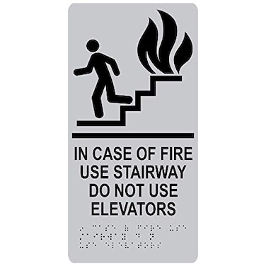 ComplianceSigns com in Case of Fire Use Stairway Sign ADACompliant Braille and Raised Letters 12x6 in Black on Silver Acrylic with Mounting Strips