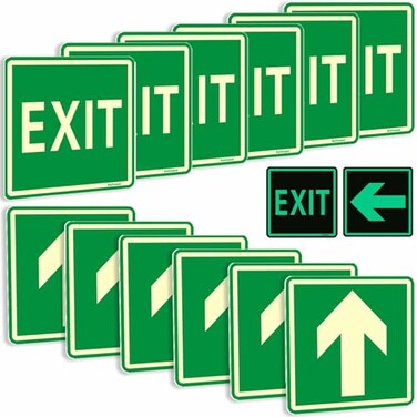 Ashoaza Emergency Exit Only Sign Glow in the Dark Vinyl Exit Decals 12 Pcs Luminous Exit Stickers Cm 15x15 Exit Signs for Business with Directional Arrow of Exit Light