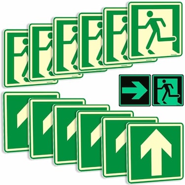 Ashoaza Glow in the Dark Emergency Exit Stickers 12 Pcs Luminous Vinyl Decals for Business Home Office 15x15 cm Includes Directional Arrows SelfAdhesive Fire Safety EXIT Signs