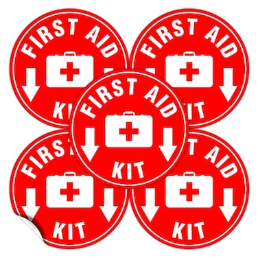 Kachy Signs Set of 5 First Aid Kit Sign Red 45 Circle 4 Mil Vinyl LAMINATED For Ultimate Protection Durability Self Adhesive Decal UV Protected Weatherproof Heavy Duty