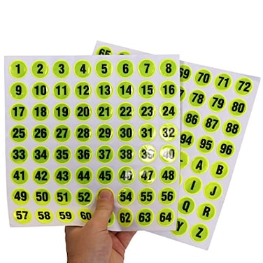 SmartSign 1 inch Round Reflective Hot Dot Stickers Consecutive Numbers and Letters includes 1 to 100 and A to Z Microprismatic Material Fluorescent Yellow Set of 2 Sheets