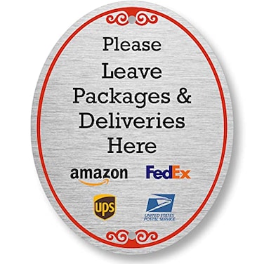 SmartSign 5 x 4 inch Please Leave Packages And Deliveries Here Designer Oval Sign with Symbols 32 mil Anodized Aluminum Multicolor Made in USA