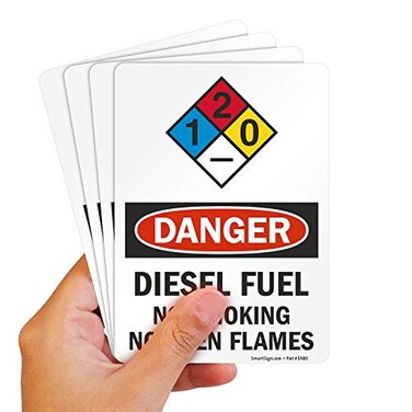 SmartSign Pack of 4 7 x 5 inch Danger Diesel Fuel No Smoking No Open Flames OSHA Sticker Labels with NFPA Symbol 5 mil Laminated Polyester with SuperStick Adhesive Multicolor USAMade