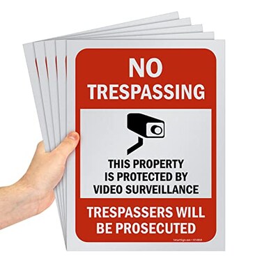 SmartSign Pack of 5 12 x 9 inch No Trespassing Property Protected By Video Surveillance Sign Screen Printed 10 mil Polystyrene Plastic RedBlack on White Made in USA
