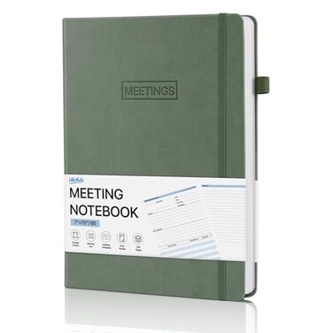 WEMATE Meeting Notebook for Work Work Planner Notebook With Action Items Easily Take Meeting Notes Keep Agendas on Track Calender Index Page Inner Pocket 710 Inch Olive Green