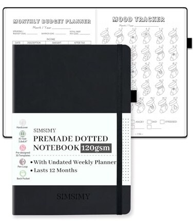 SIMSIMY Premade Dotted Journal Notebook with Bullet Templates Premade Dot Grid Journaling with Undated Weekly Monthly Planner Various Trackers Lasts 1 Year A5