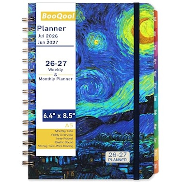 BooQool 20262027 Planner Jul2026 Jun2027 Weekly Monthly Academic Planner 20262027 with Tabs 64 x 85 Hardcover Strong Binding Thick Paper Back Pocket Elastic Closure Inner Pocket
