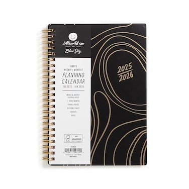 Blue Sky Idlewild 20252026 Weekly and Monthly Academic Year Planner Calendar July 2025 June 2026 5 x 8 Flexible Cover Wirebound Laminated Tabs Storage Pocket Black Swirl
