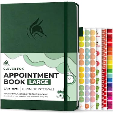 Clever Fox Appointment Book Hourly Schedule Planner with 15Minute Increments Time Box Planner for Daily Work ToDos Weekly Monthly Spreads Undated Hardcover 83x11 Dark Green
