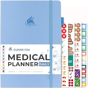 Clever Fox Medical Planner Daily Health Diary Notebook Wellness Journal SelfCare Logbook Lasts 3 Months 7x105 Light Blue