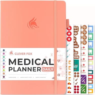 Clever Fox Medical Planner Daily Health Diary Notebook Wellness Journal SelfCare Logbook Lasts 3 Months 7x105 Light Pink