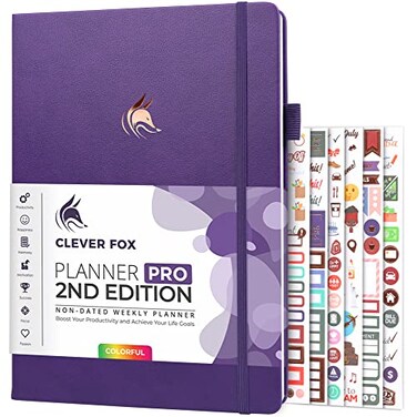 Clever Fox Planner PRO 2nd Edition Undated Weekly Agenda Planner for Setting Goals Tasks Time Management Life Organizer with Todo Lists Habit Trackers Large Format 85x11 Purple