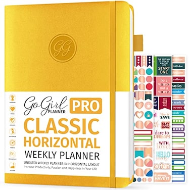 GoGirl Planner PRO Undated Horizontal Layout Weekly Planner and Organizer Budgeting and Expense Tracking Pages Goals Journal Agenda 7 x 10 Hardcover Lasts 1 Year Amber Yellow