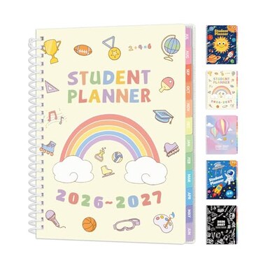 SUNEE Elementary Student Planner 20262027 Dated Academic Year Jul 2026 Jun 2027 6583 School Planner for Kids Datebooks Weekly Monthly Plan Book with BookmarkMonthly Tabs Beige Rainbow