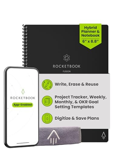 Rocketbook Fusion Hybrid Reusable Planner and Notebook in One Additional Blank Pages Goal and Project Tracker Undated Planner Executive Size 6x88 Black Pack of 1
