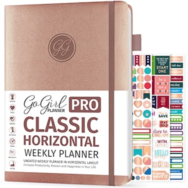 GoGirl Planner PRO Undated Horizontal Layout Weekly Planner and Organizer Budgeting and Expense Tracking Pages Goals Journal Agenda 7 x 10 Hardcover Lasts 1 Year Rose Gold