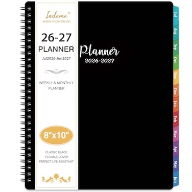 Indeme 20262027 Planner Planner 20262027 Weekly and Monthly Jul 2026 Jun 2027 8 x 10 with Tabs Thick Paper Spiral Binding Classic Black